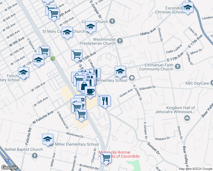map of restaurants, bars, coffee shops, grocery stores, and more near 1720 South Maple Street in Escondido