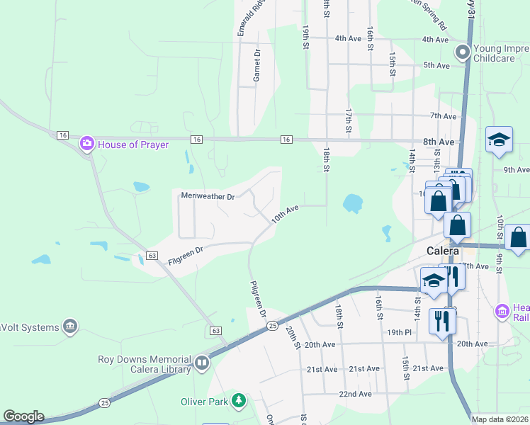 map of restaurants, bars, coffee shops, grocery stores, and more near 200 Meriweather Lane in Calera