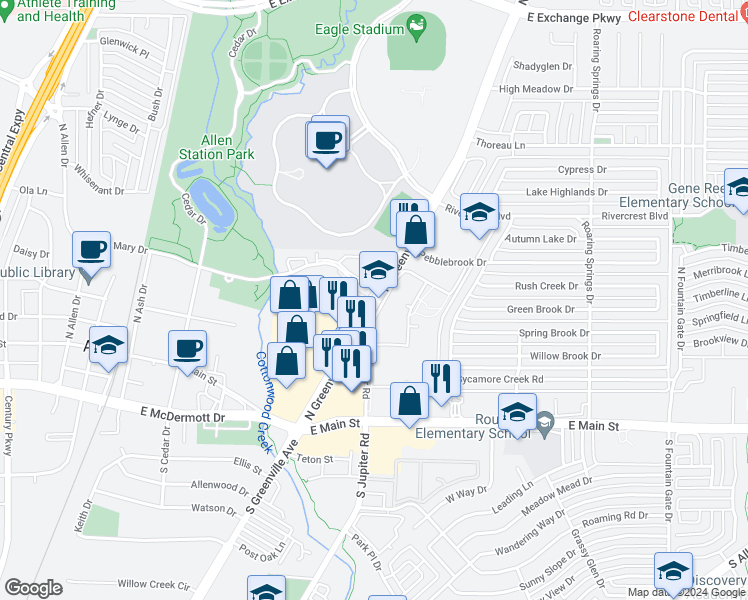 map of restaurants, bars, coffee shops, grocery stores, and more near 307 North Greenville Avenue in Allen
