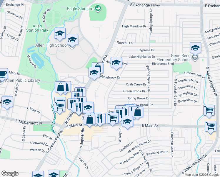 map of restaurants, bars, coffee shops, grocery stores, and more near 311 Sycamore Creek Road in Allen