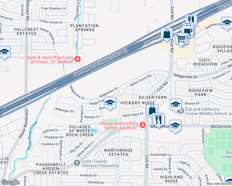 map of restaurants, bars, coffee shops, grocery stores, and more near 4301 Ridge Point Lane in Plano