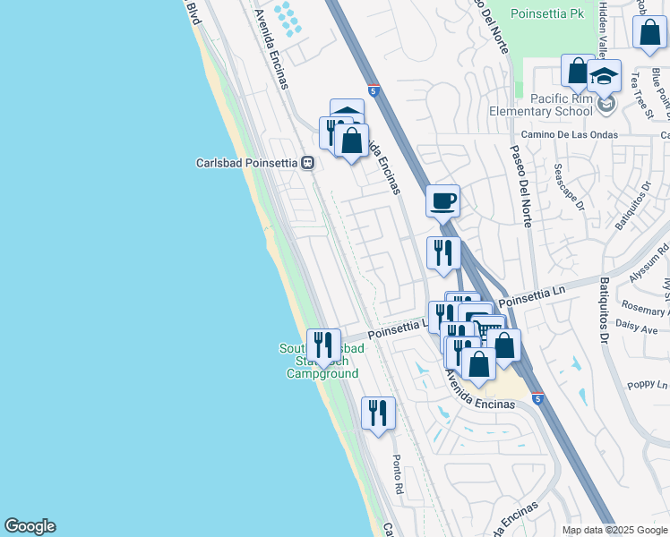 map of restaurants, bars, coffee shops, grocery stores, and more near 6935 Tradewinds Drive in Carlsbad