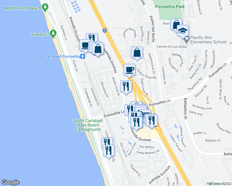 map of restaurants, bars, coffee shops, grocery stores, and more near 6957 Waters End Drive in Carlsbad