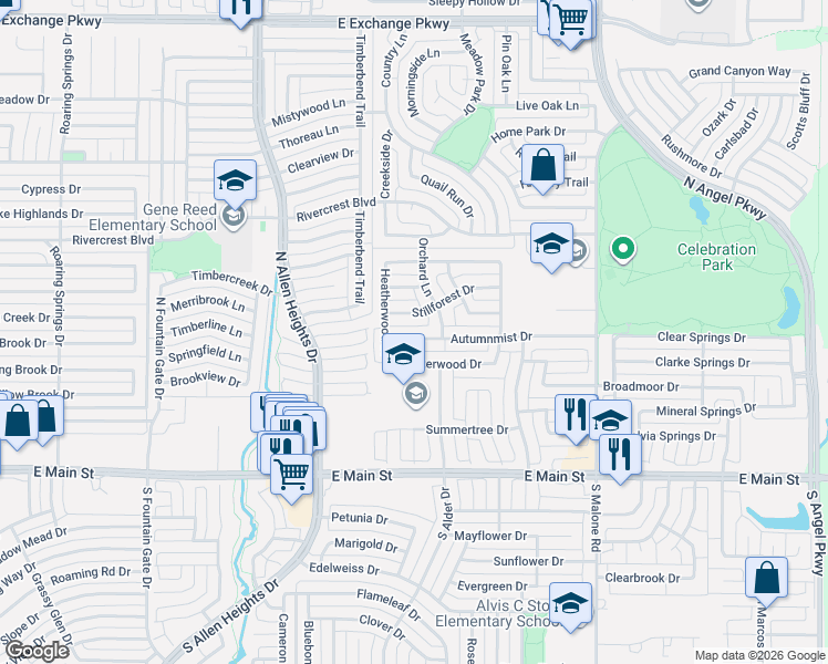 map of restaurants, bars, coffee shops, grocery stores, and more near 1407 Autumnmist Drive in Allen