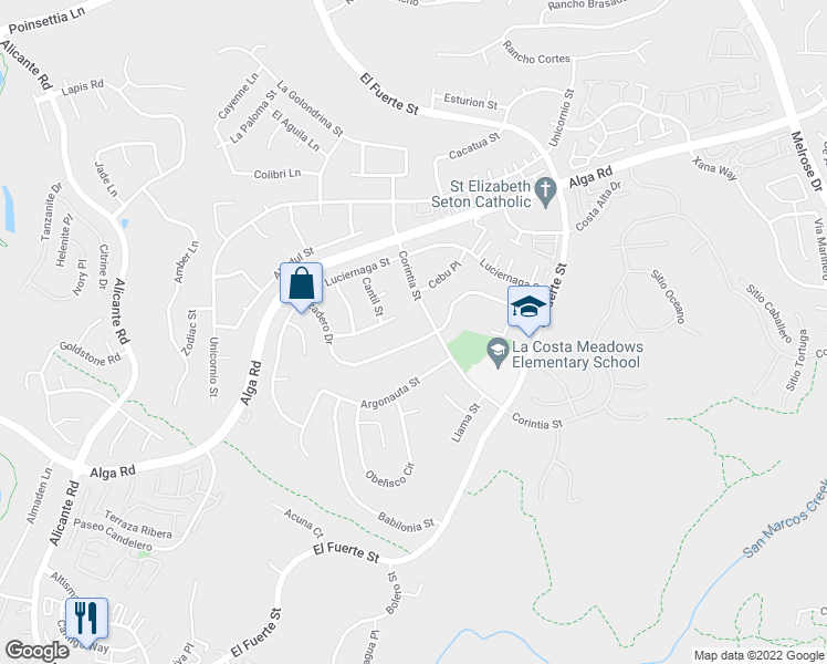 map of restaurants, bars, coffee shops, grocery stores, and more near 2732 Cazadero Drive in Carlsbad