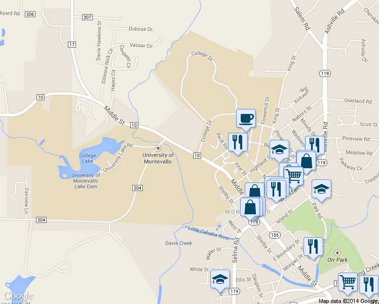 map of restaurants, bars, coffee shops, grocery stores, and more near 1315 County Road 10 in Montevallo