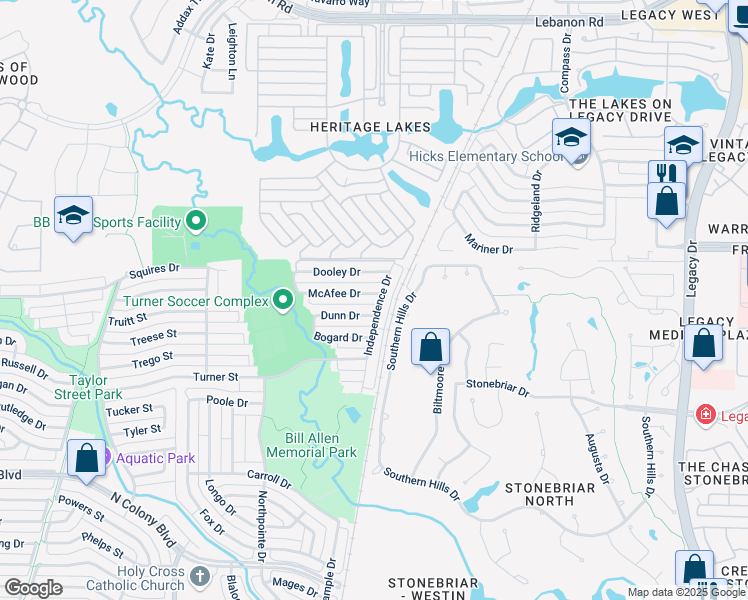 map of restaurants, bars, coffee shops, grocery stores, and more near 6059 McAfee Drive in The Colony