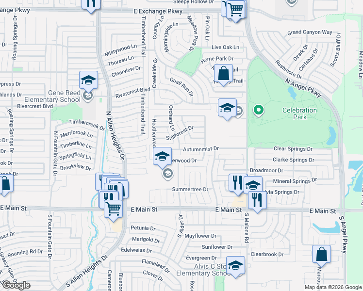 map of restaurants, bars, coffee shops, grocery stores, and more near 1421 Autumnmist Dr in Allen