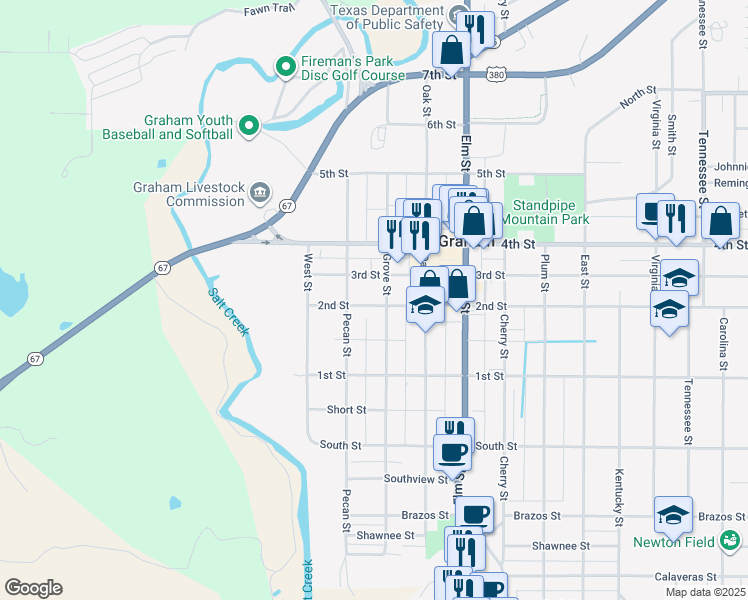 map of restaurants, bars, coffee shops, grocery stores, and more near 315 2nd Street in Graham