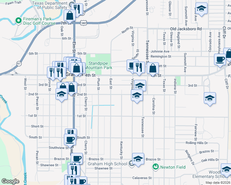 map of restaurants, bars, coffee shops, grocery stores, and more near 901 2nd Street in Graham