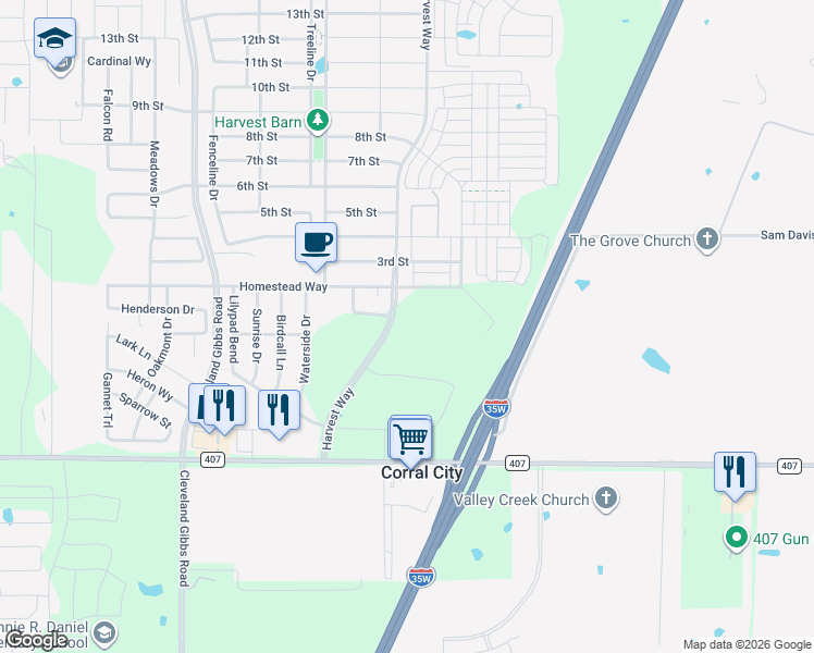 map of restaurants, bars, coffee shops, grocery stores, and more near 1104 Lakeview Lane in Argyle