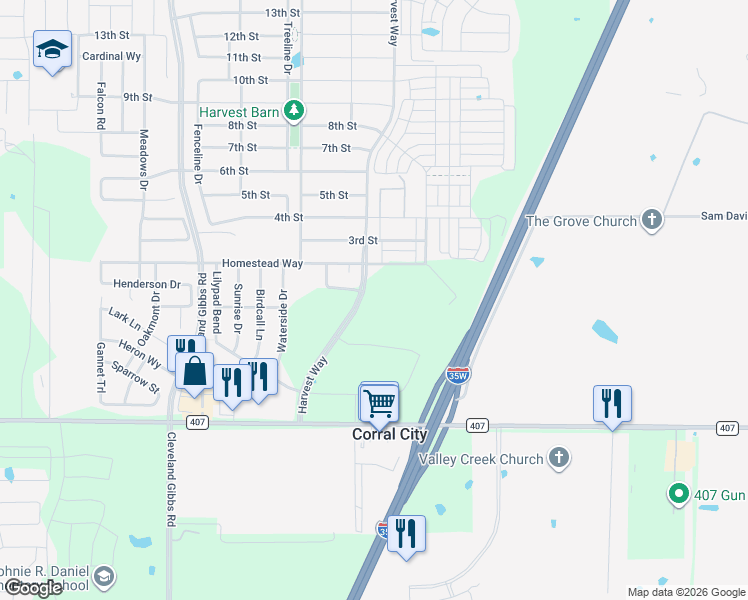 map of restaurants, bars, coffee shops, grocery stores, and more near 200 Harvest Way in Argyle