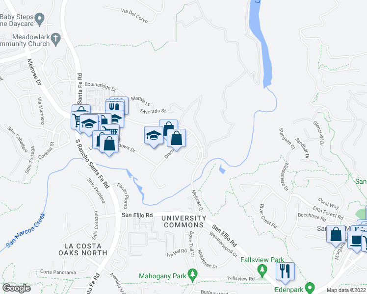 map of restaurants, bars, coffee shops, grocery stores, and more near 1825 Diamond Street in San Marcos