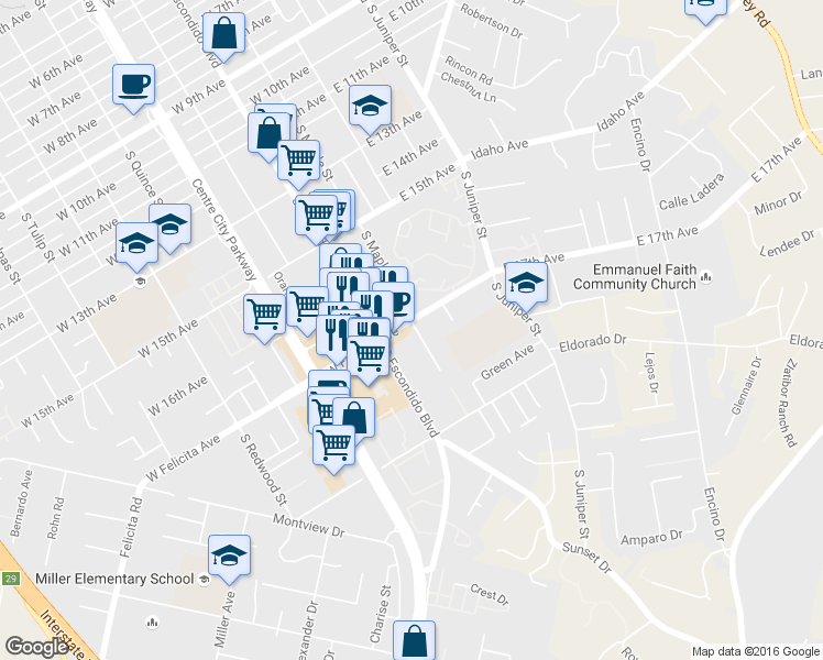 map of restaurants, bars, coffee shops, grocery stores, and more near 1705 South Maple Street in Escondido
