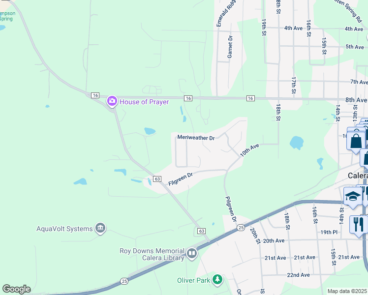 map of restaurants, bars, coffee shops, grocery stores, and more near 112 Merimeadows Drive in Calera
