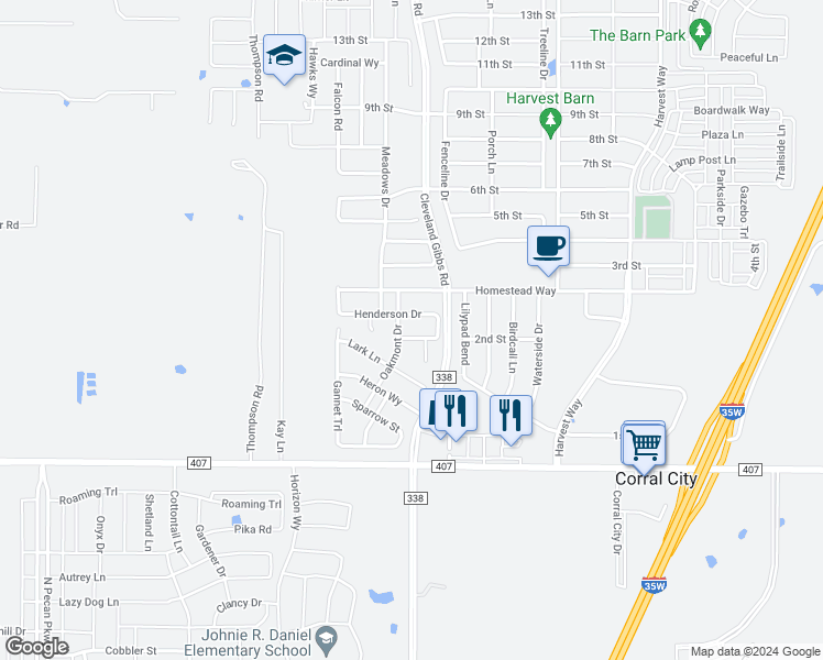 map of restaurants, bars, coffee shops, grocery stores, and more near 1720 Cole Lane in Northlake