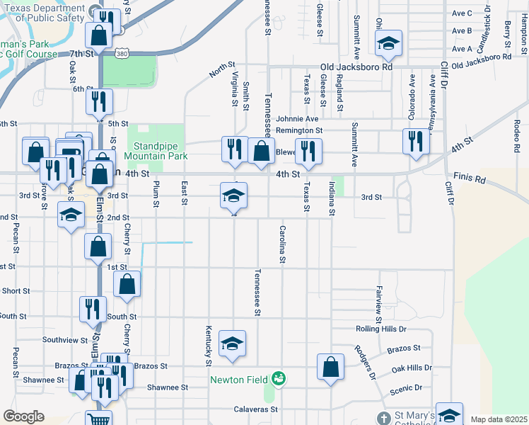 map of restaurants, bars, coffee shops, grocery stores, and more near 1019 2nd Street in Graham