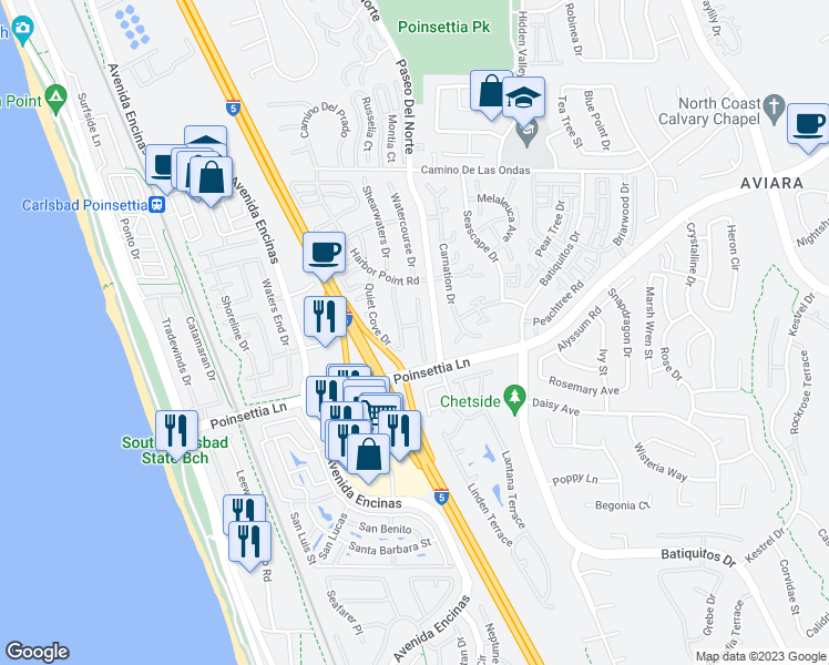 map of restaurants, bars, coffee shops, grocery stores, and more near 6975 Sand Castle Drive in Carlsbad