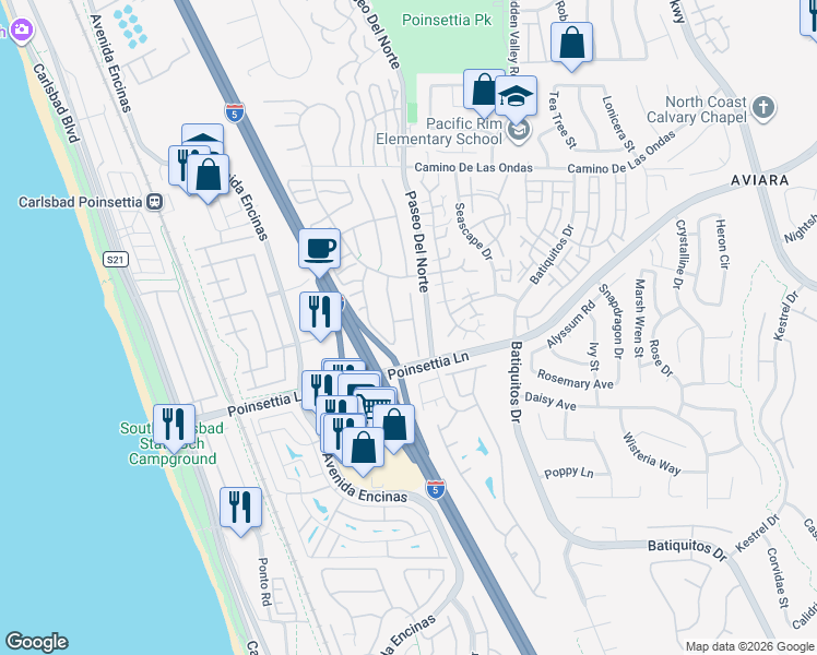 map of restaurants, bars, coffee shops, grocery stores, and more near 6975 Sand Castle Drive in Carlsbad