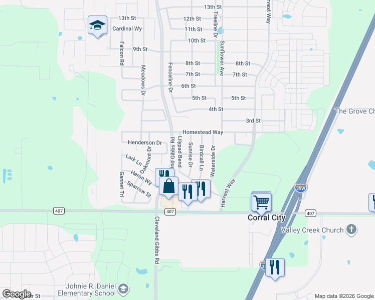 map of restaurants, bars, coffee shops, grocery stores, and more near 205 Sunrise Drive in Argyle