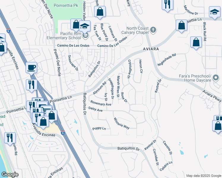 map of restaurants, bars, coffee shops, grocery stores, and more near 7031 Snapdragon Drive in Carlsbad