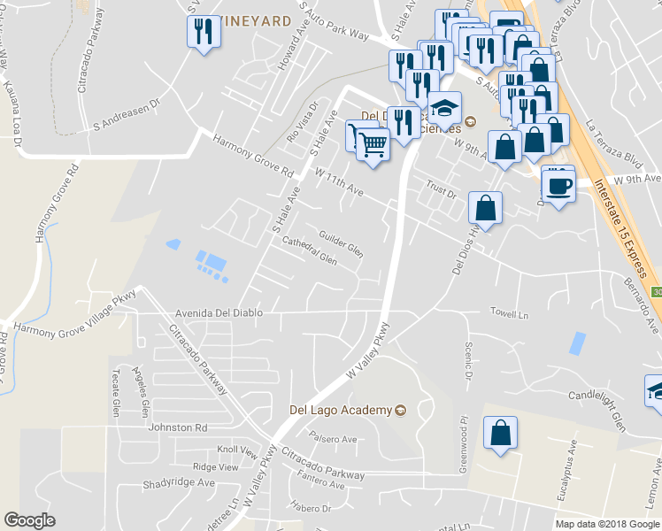 map of restaurants, bars, coffee shops, grocery stores, and more near 1861 Cathedral Glen in Escondido