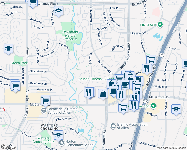 map of restaurants, bars, coffee shops, grocery stores, and more near 403 Phoebe Drive in Allen