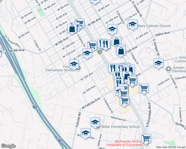 map of restaurants, bars, coffee shops, grocery stores, and more near 702 West 15th Avenue in Escondido