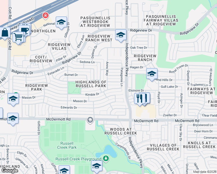map of restaurants, bars, coffee shops, grocery stores, and more near 3109 Kimble Drive in Plano