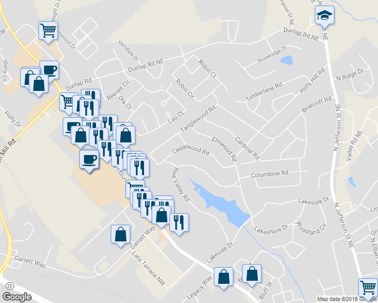 map of restaurants, bars, coffee shops, grocery stores, and more near 1752 Cedarwood Road in Milledgeville