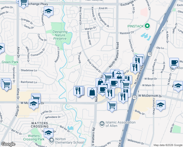 map of restaurants, bars, coffee shops, grocery stores, and more near 1011 Taylor Drive in Allen