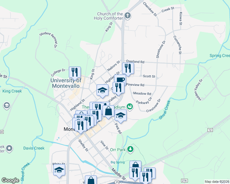 map of restaurants, bars, coffee shops, grocery stores, and more near 830 Wadsworth Street in Montevallo
