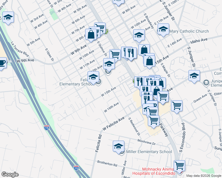 map of restaurants, bars, coffee shops, grocery stores, and more near 702 West 15th Avenue in Escondido