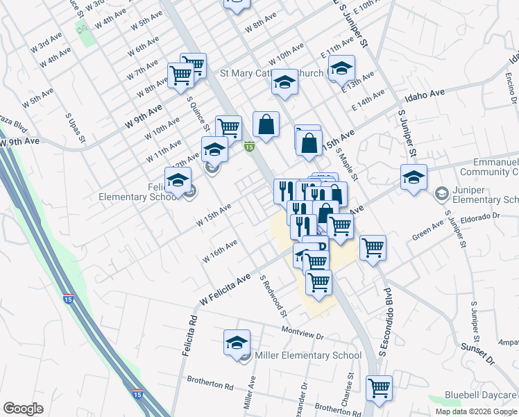 map of restaurants, bars, coffee shops, grocery stores, and more near 541 West 15th Avenue in Escondido