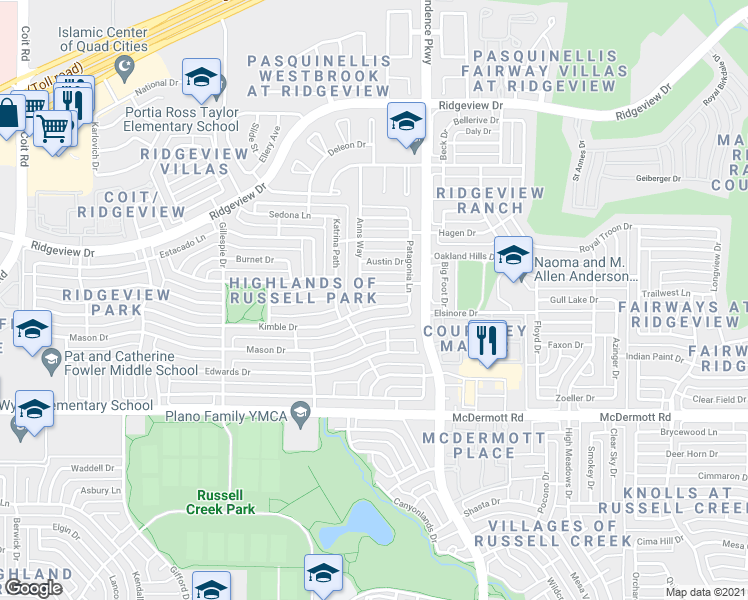 map of restaurants, bars, coffee shops, grocery stores, and more near 3109 Kimble Drive in Plano