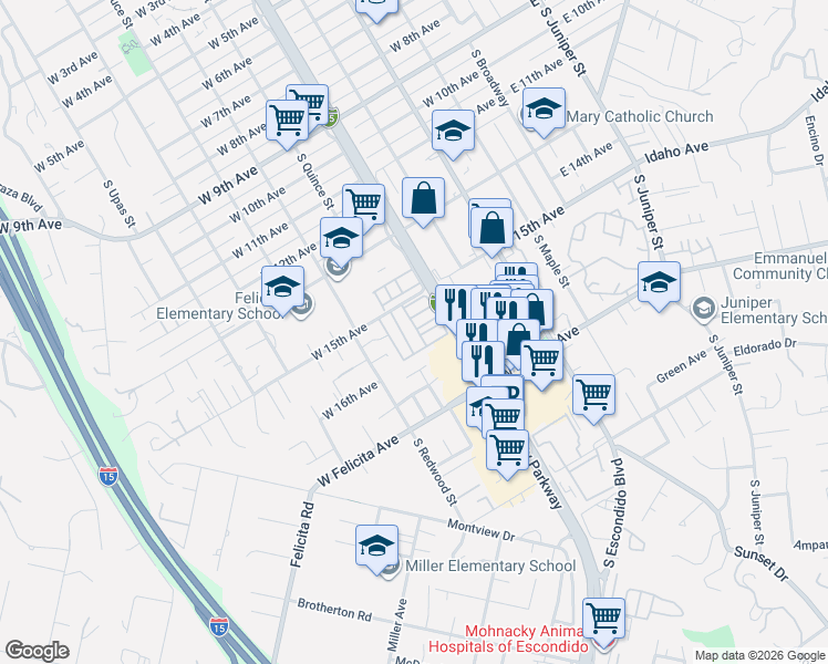 map of restaurants, bars, coffee shops, grocery stores, and more near 541 West 15th Avenue in Escondido