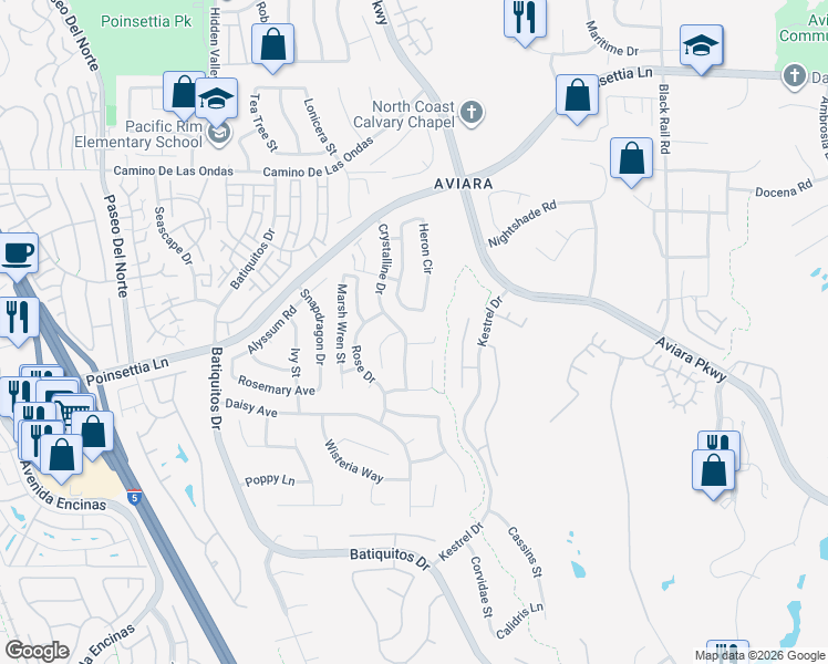 map of restaurants, bars, coffee shops, grocery stores, and more near 7058 Crystalline Drive in Carlsbad