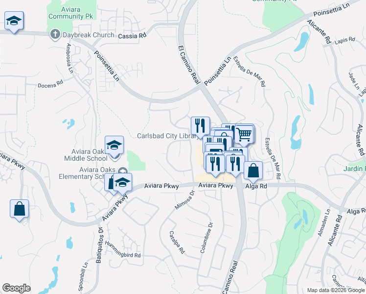 map of restaurants, bars, coffee shops, grocery stores, and more near 6936 Dusty Rose Place in Carlsbad