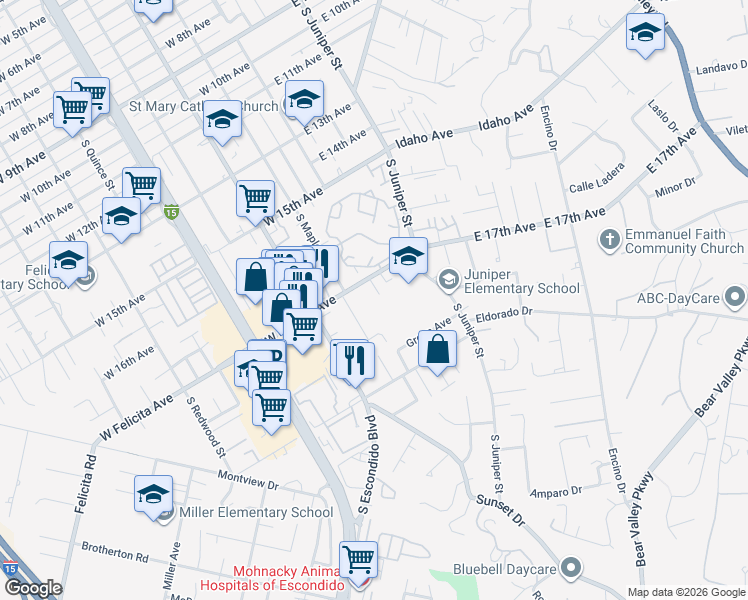 map of restaurants, bars, coffee shops, grocery stores, and more near 1721 Tamarme Terrace in Escondido