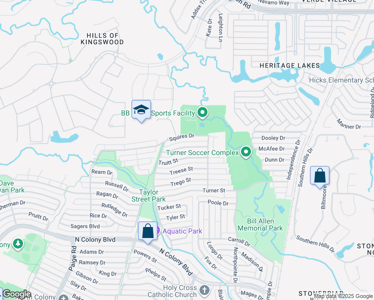 map of restaurants, bars, coffee shops, grocery stores, and more near 5641 Terry Street in The Colony
