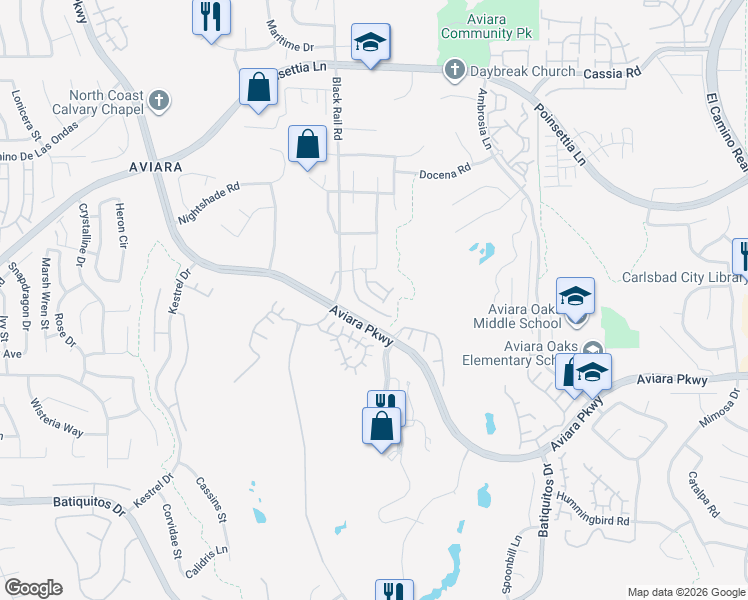 map of restaurants, bars, coffee shops, grocery stores, and more near 6745 Frenata Place in Carlsbad