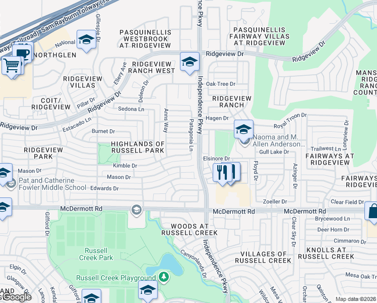 map of restaurants, bars, coffee shops, grocery stores, and more near 3005 Kimble Drive in Plano