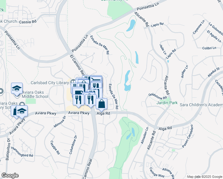 map of restaurants, bars, coffee shops, grocery stores, and more near 6970 Feldspar Place in Carlsbad