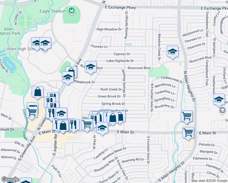 map of restaurants, bars, coffee shops, grocery stores, and more near 812 Rush Creek Drive in Allen