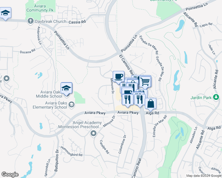 map of restaurants, bars, coffee shops, grocery stores, and more near 6927 Mimosa Drive in Carlsbad