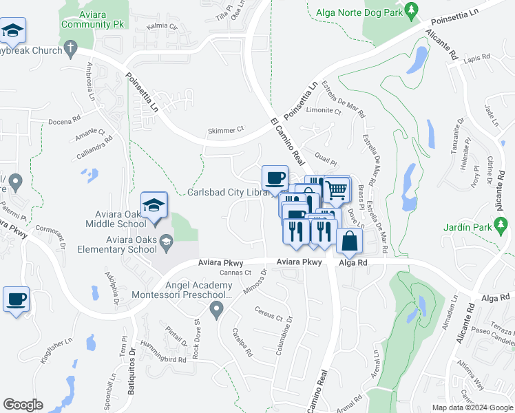 map of restaurants, bars, coffee shops, grocery stores, and more near 6927 Mimosa Drive in Carlsbad