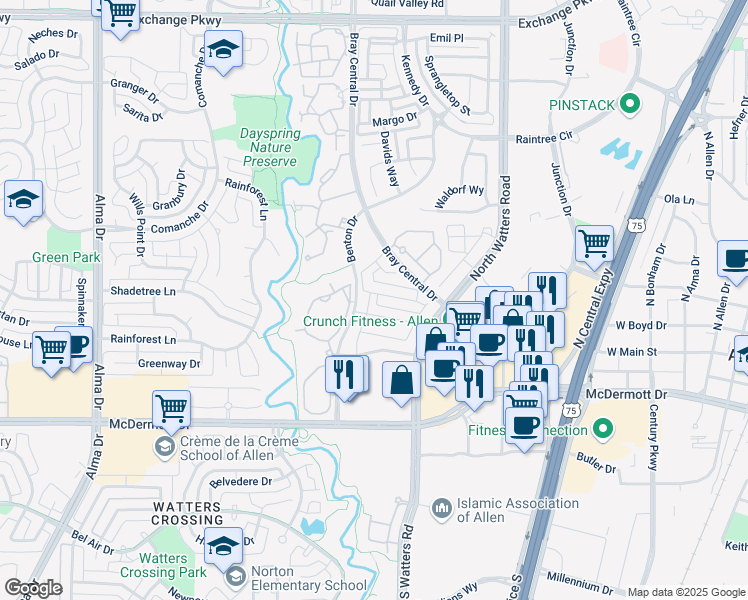 map of restaurants, bars, coffee shops, grocery stores, and more near 403 Phoebe Drive in Allen