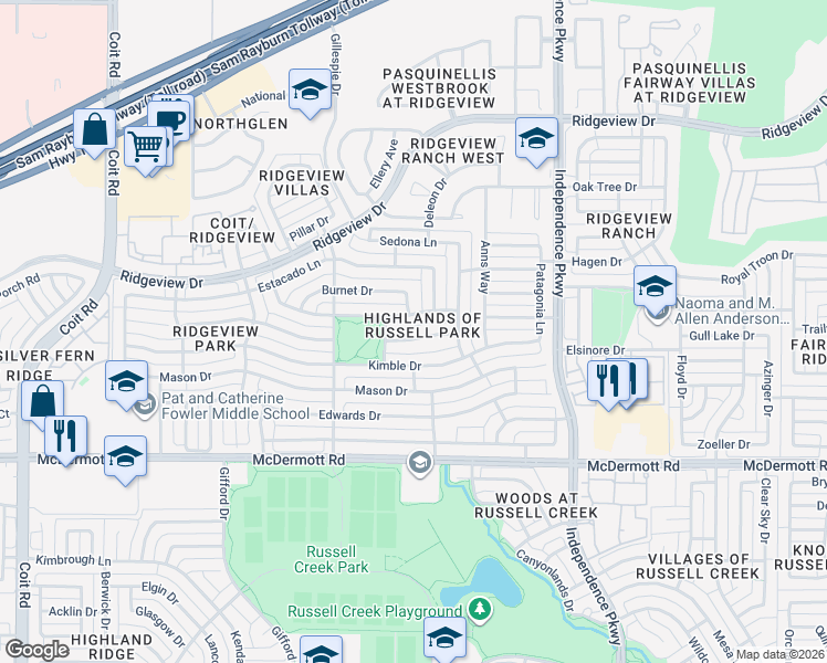 map of restaurants, bars, coffee shops, grocery stores, and more near 3304 Shady Valley Road in Plano