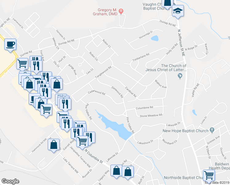 map of restaurants, bars, coffee shops, grocery stores, and more near 1718 Elmwood Road in Milledgeville