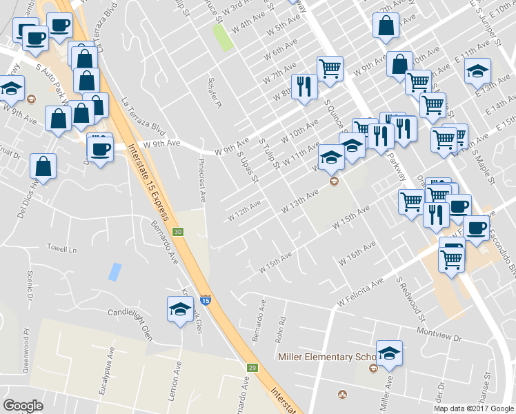 map of restaurants, bars, coffee shops, grocery stores, and more near 1027 West 12th Avenue in Escondido